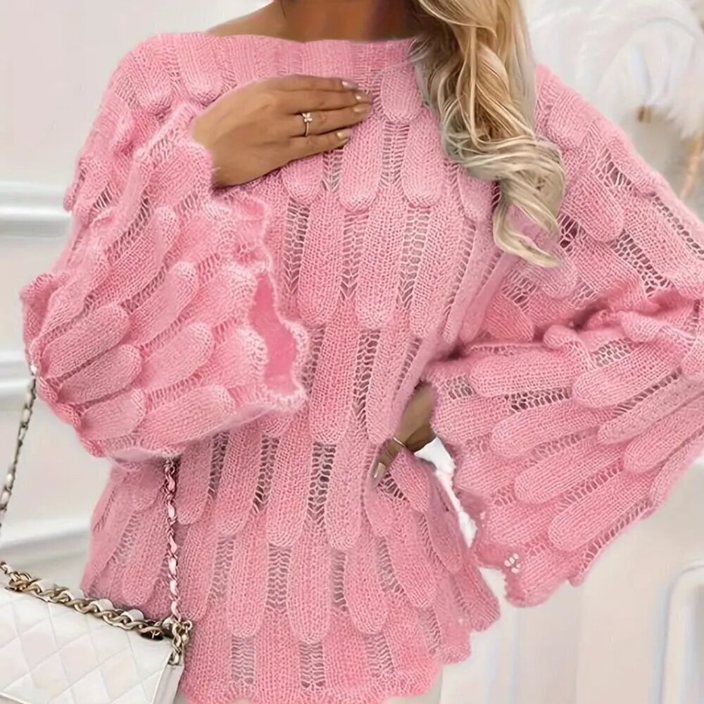 Semi-Sheer Fish Scale Boat Neck Knit Sweater (LIGHT PINK)